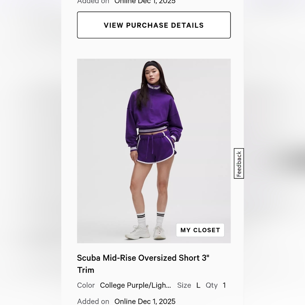 NWOT Lululemon Purple Scuba Mid-Rise Oversized Short
